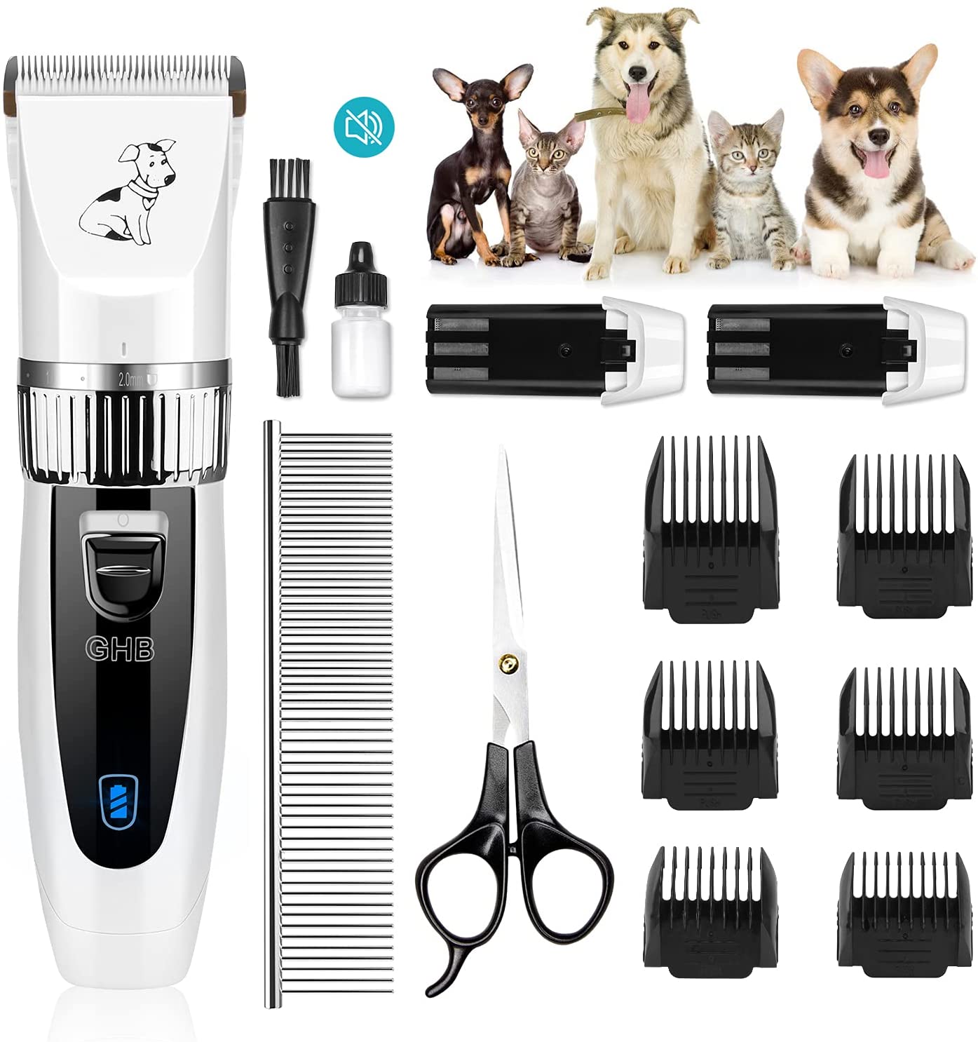 GHB Pet Hair Trimmer Dog Clipper Dog Cat Pet Timmer with 6 Attachments ...