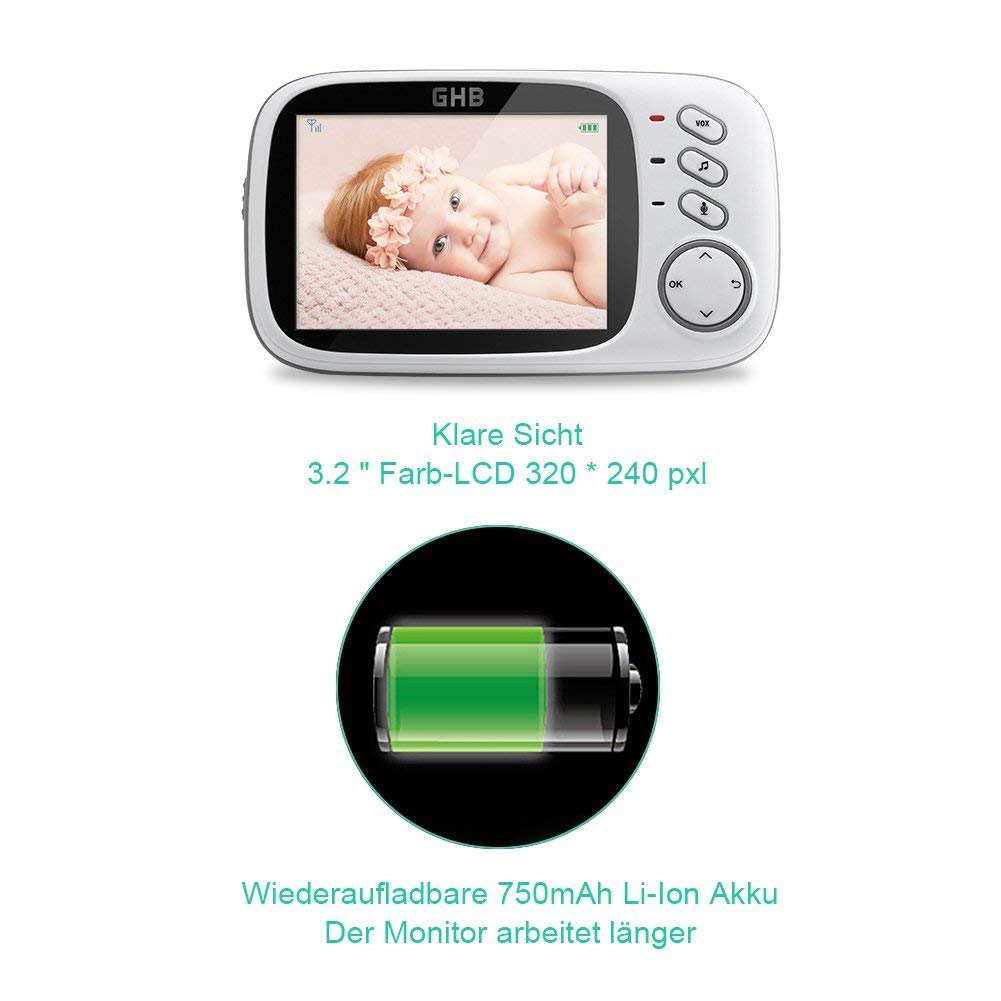 PIMPIMSKY Bébé Moniteur 3.2 LCD Couleur Babyphone Vidéo Ecoute