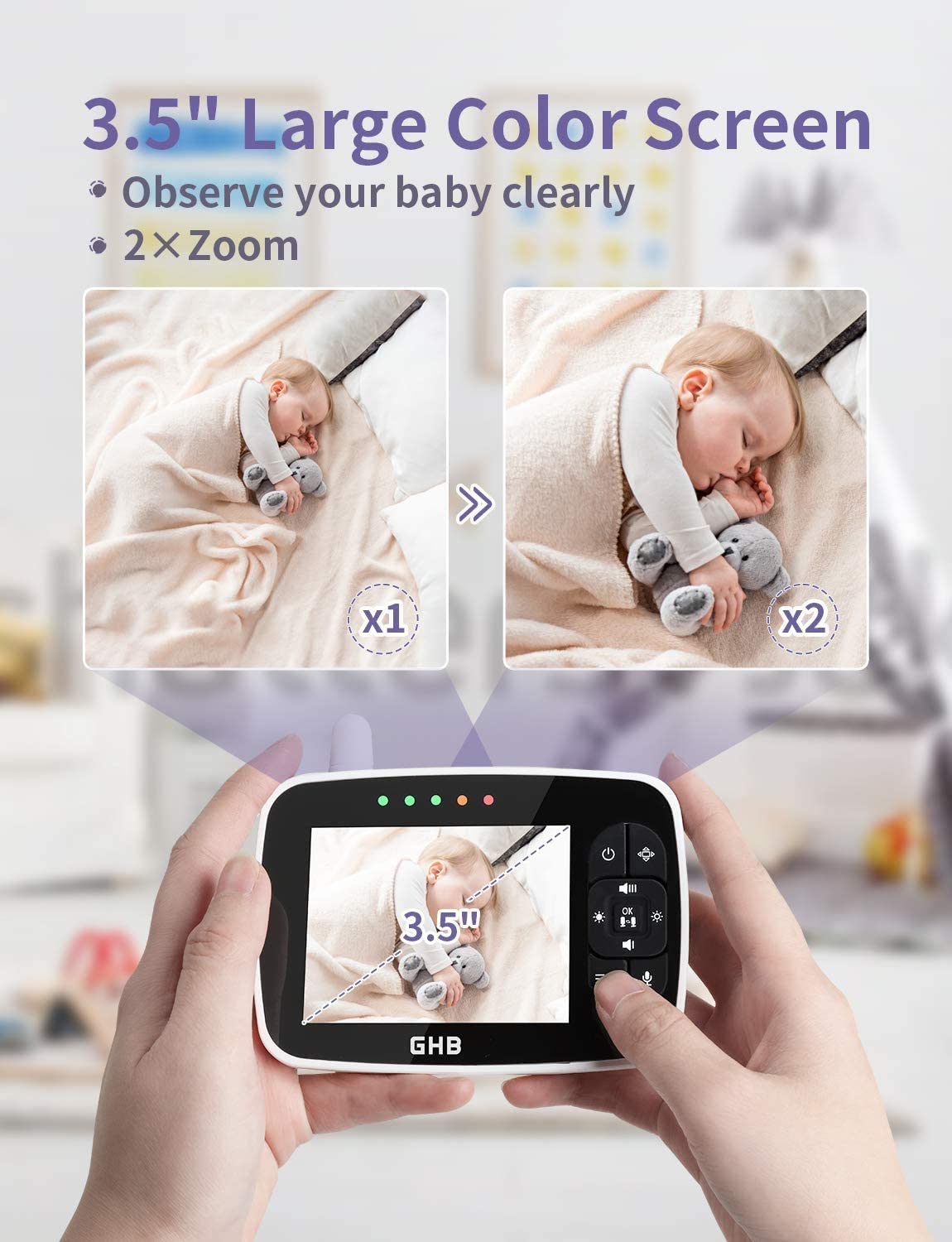 GHB Baby Monitor 3.2 Inch Video Baby Monitor with Camera Infrared Night  Vision Temperature Display Lullaby Function 2 Way Talk Feeding Alarm Clock  – GHB